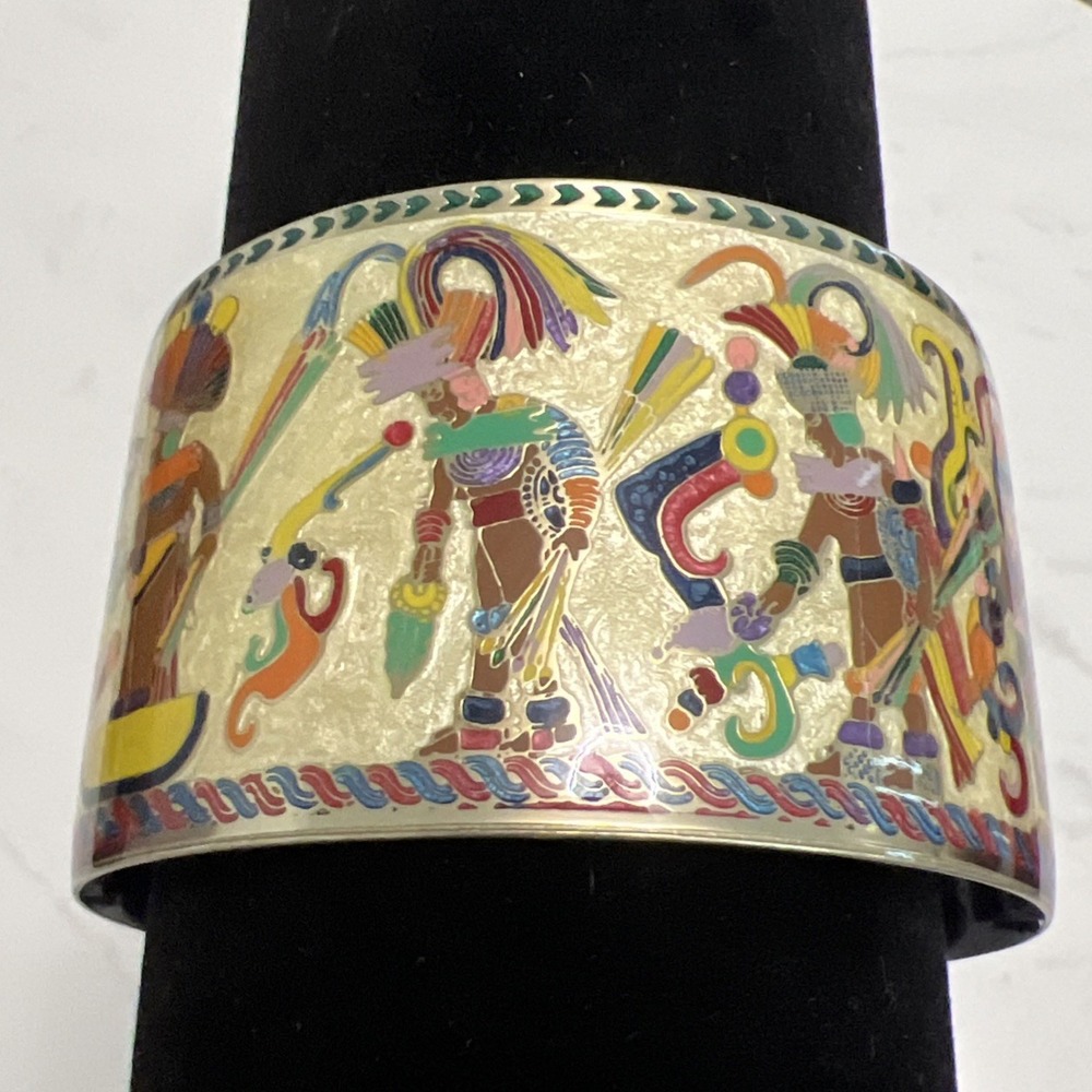 Vtg Fernando Grabador‎ Enamel On Copper Cuff Bracelet Aztec Mayan Mexican Signed